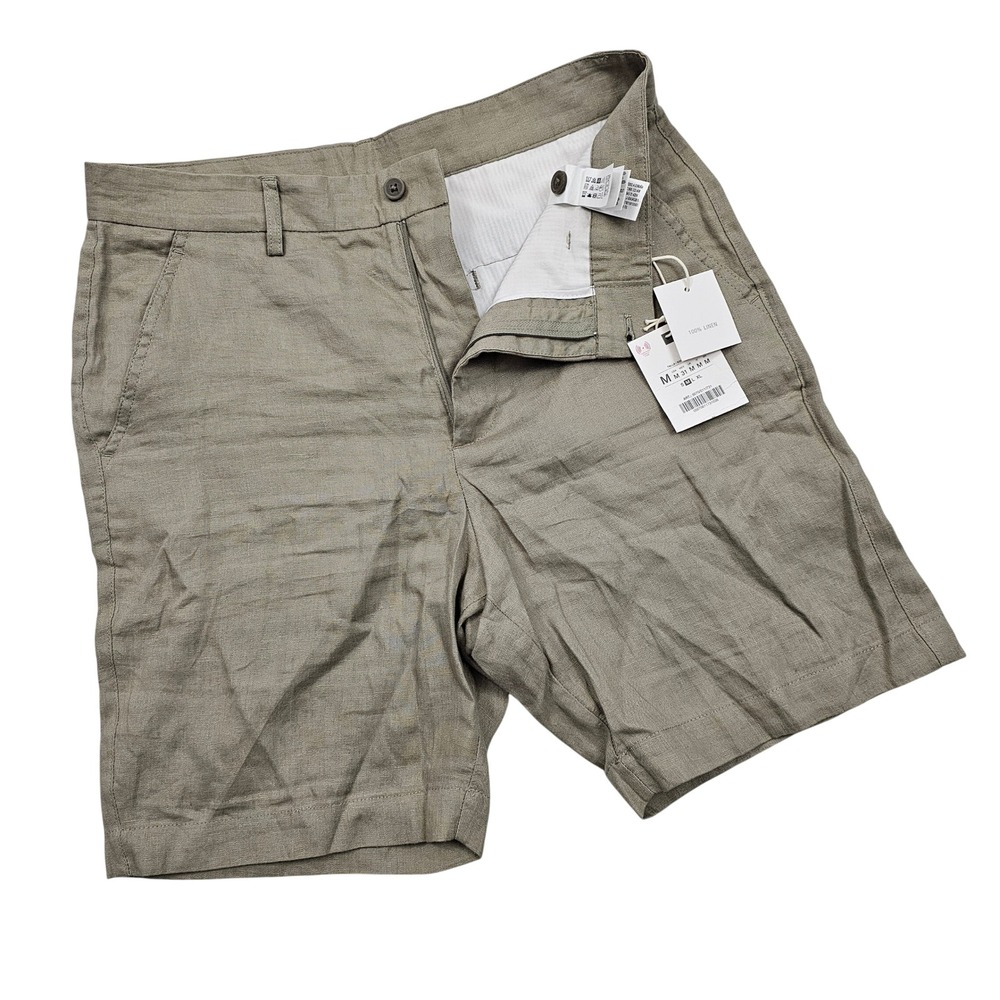NEW Zara Shorts Mens M 31 7in Khaki Taupe 100% Linen Chino Summer Coastal Preppy